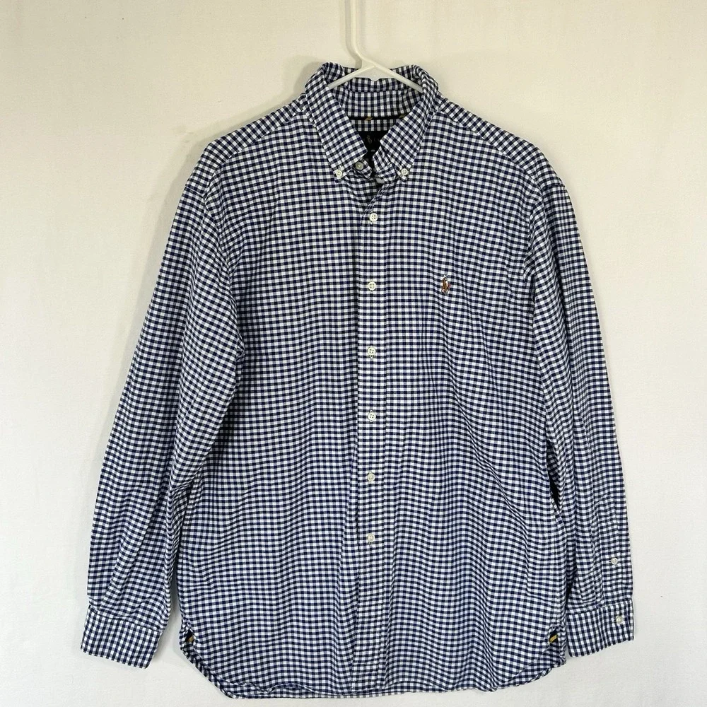 Polo Ralph Lauren Shirt Mens L Gingham Check Blue White Heavyweight Button Down